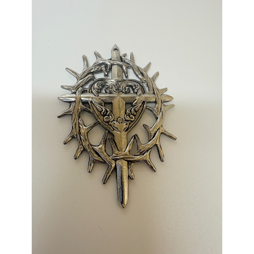 Silver Tone Religious Cross Heart Crown of Thorns Pendant Medallion